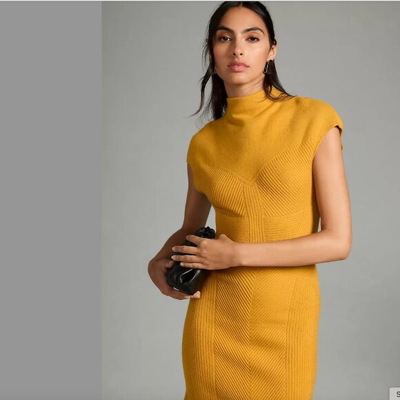 Anthropologie Short-Sleeve Mock-Neck Sweater Dress in dark yellow, size XL NWT - Picture 2 of 12